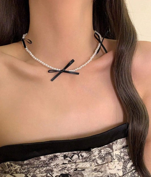 1pc Delicate Velvet Bow & Pearl Decor Sweet Necklace For Girls, Korean Style Simple And Elegant Collarbone Chain