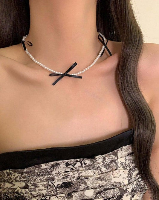 1pc Delicate Velvet Bow & Pearl Decor Sweet Necklace For Girls, Korean Style Simple And Elegant Collarbone Chain