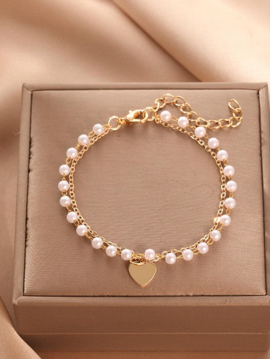 Faux Pearl Decor Heart Charm Bracelet Valentines
