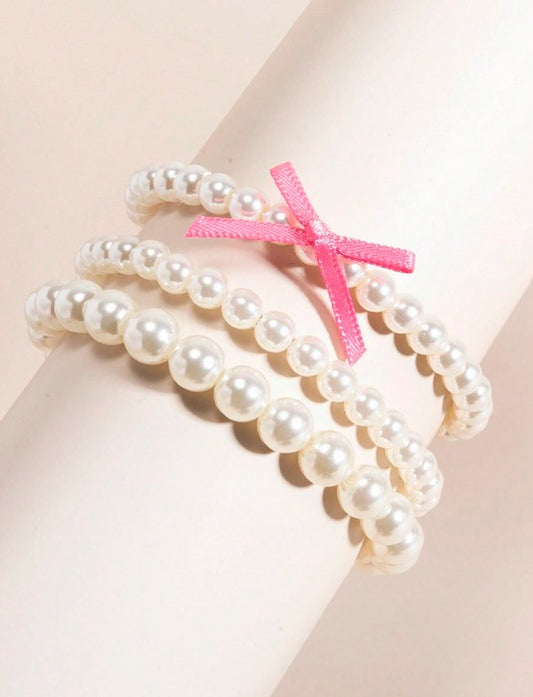 3pcs/Set Elegant Pearl & Bowknot Multilayer Beaded Bracelet Suit, High-End Fashion Jewelry For Women, Suitable For Daily Wear, Weddings, Parties, Gift For Loved Ones