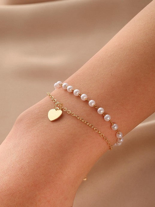 Faux Pearl Decor Heart Charm Bracelet Valentines