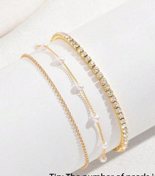 3pcs Set Fashionable, Elegant & Graceful Silver Metal, Plastic Rhinestones & Pearl Stretch Bracelets, Adjustable Size Suitable For Daily Wear, Great Gift For Girlfriend, Wife, Mother, Family And Friends, Birthday Or Anniversary