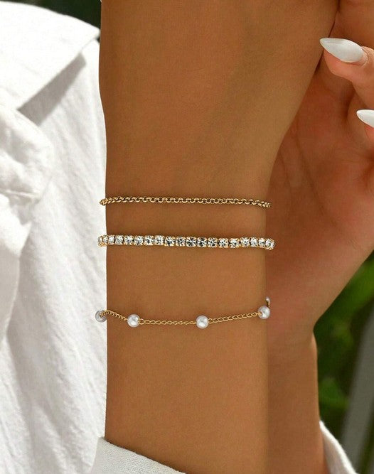 3pcs Set Fashionable, Elegant & Graceful Silver Metal, Plastic Rhinestones & Pearl Stretch Bracelets, Adjustable Size Suitable For Daily Wear, Great Gift For Girlfriend, Wife, Mother, Family And Friends, Birthday Or Anniversary