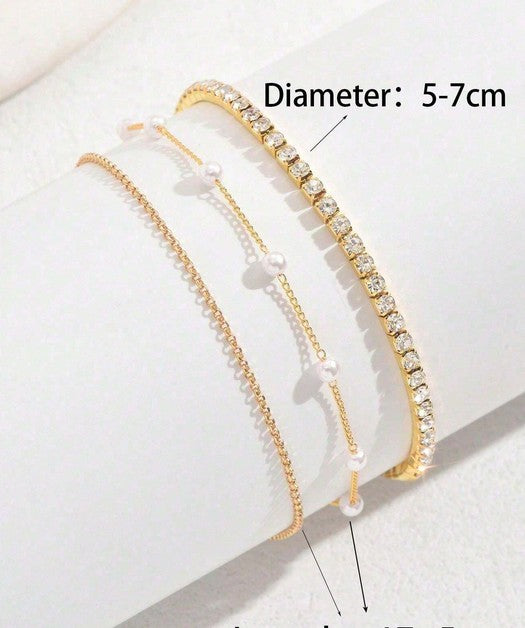 3pcs Set Fashionable, Elegant & Graceful Silver Metal, Plastic Rhinestones & Pearl Stretch Bracelets, Adjustable Size Suitable For Daily Wear, Great Gift For Girlfriend, Wife, Mother, Family And Friends, Birthday Or Anniversary