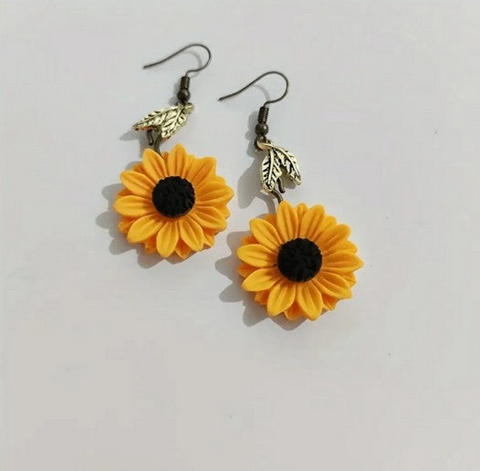 1pair Sunflower Shaped Earrings, Vintage Alloy Plated Yellow Flower Jewelry Set For Women's Dress Matching Valentines