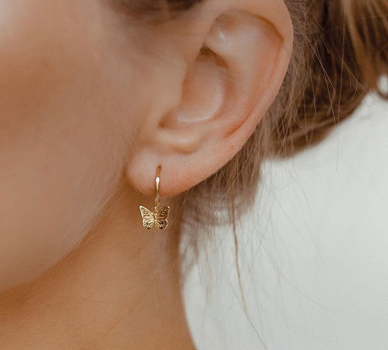 Butterfly Huggie Earrings Sterling Silver | Small Hoop Earrings with Butterfly Pendant 18K Gold Plated