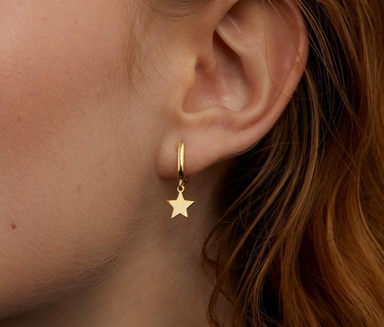 Gold Star Hoop Earrings in 925 Sterling Silver - Minimalist Celestial Jewelry, Dainty Everyday Dangle Earrings, Gift for Her, Gold Hoops