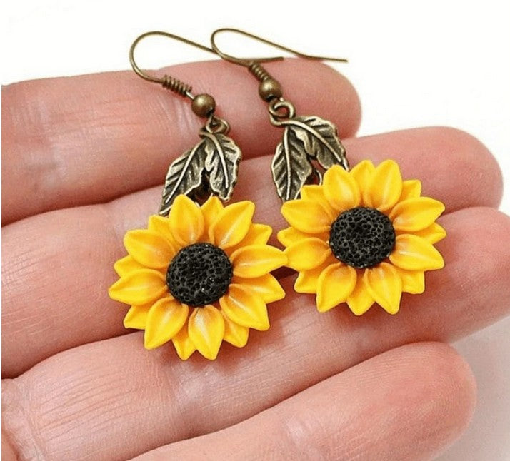 1pair Sunflower Shaped Earrings, Vintage Alloy Plated Yellow Flower Jewelry Set For Women's Dress Matching Valentines