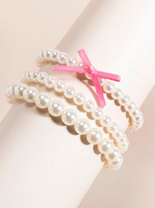 3pcs/Set Elegant Pearl & Bowknot Multilayer Beaded Bracelet Suit, High-End Fashion Jewelry For Women, Suitable For Daily Wear, Weddings, Parties, Gift For Loved Ones