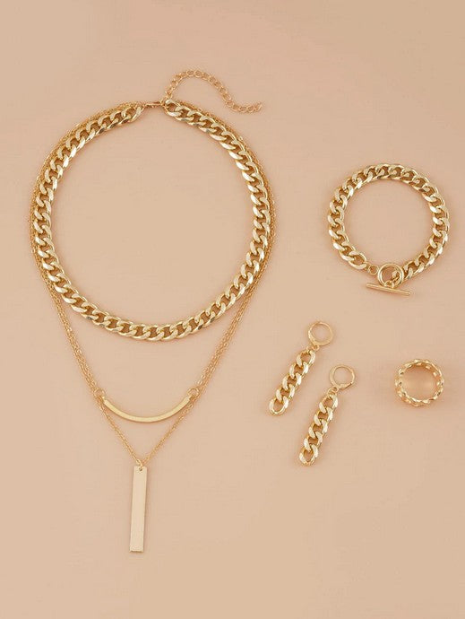Chain Design Drop Earrings & Ring & Necklace & Bracelet
