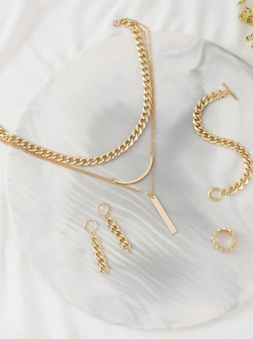 Chain Design Drop Earrings & Ring & Necklace & Bracelet