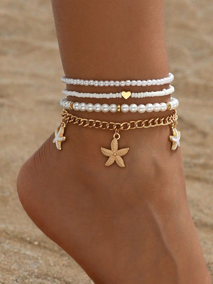 3pcs/Set Women Simple White Rice Bead/Faux Pearl Beaded Anklet