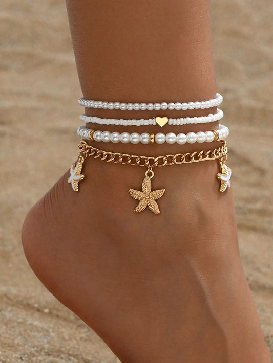 3pcs/Set Women Simple White Rice Bead/Faux Pearl Beaded Anklet