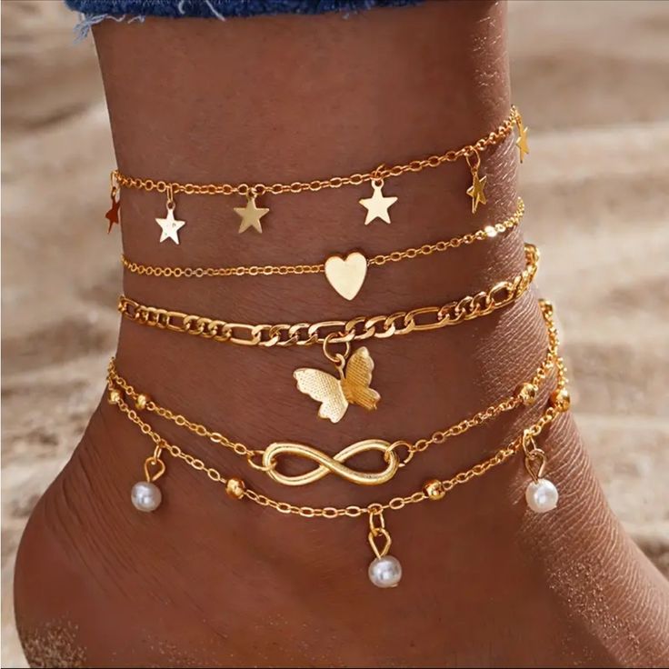 Boho-Chic 5pc Faux Pearl Anklet Set Charm-Enhanced | Color: Gold