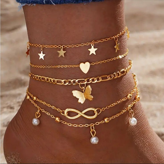 Boho-Chic 5pc Faux Pearl Anklet Set Charm-Enhanced | Color: Gold