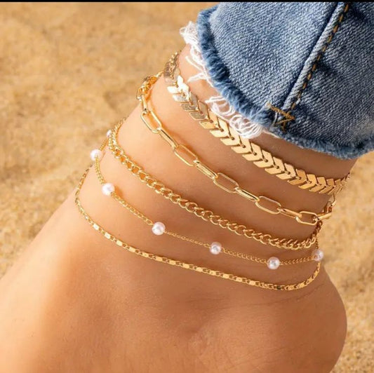 Source Unknown Jewelry | 5pcs Stackable Thin Chain Anklet Set