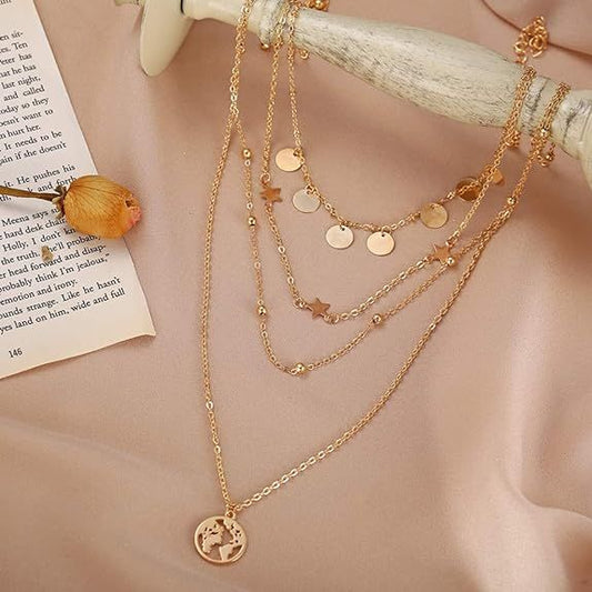 Shining Diva Fashion Latest Layered Western Non Precious Base Metal Cubic Zirconia Golden Neck Chain Pendant Necklace Jewellery for Women