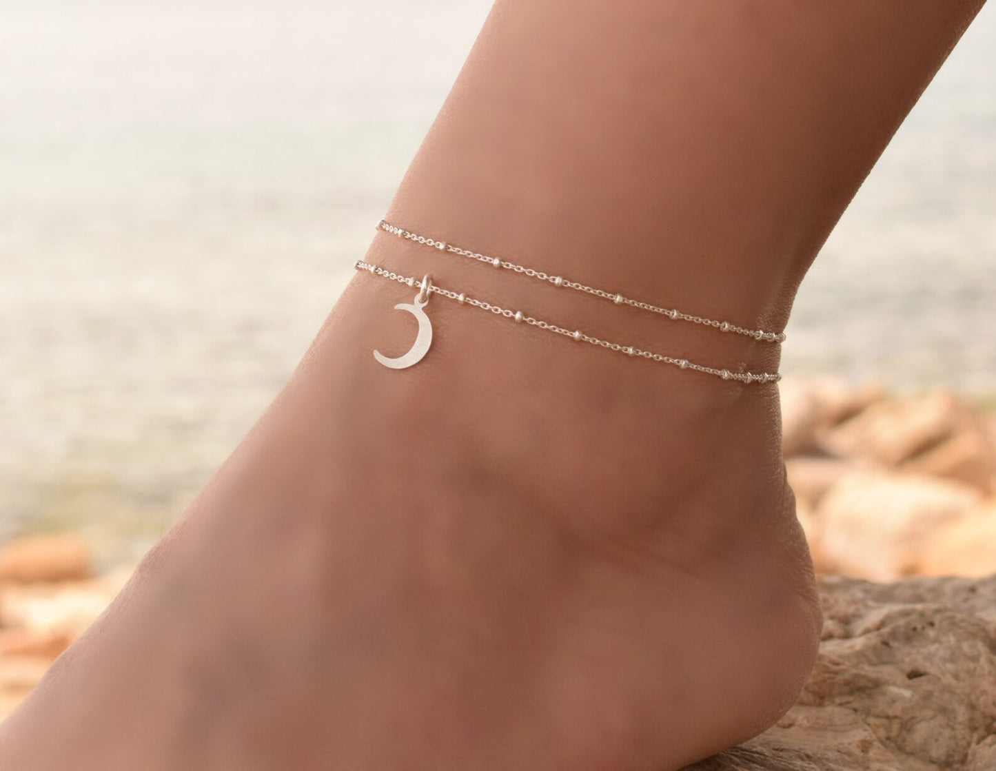 Moon Anklet, Boho Anklets for Women, Anklet Set, Crescent Moon Anklet, Sterling Silver Anklet, Dainty Anklet, Ankle Bracelet