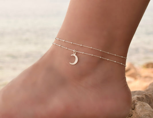 Moon Anklet, Boho Anklets for Women, Anklet Set, Crescent Moon Anklet, Sterling Silver Anklet, Dainty Anklet, Ankle Bracelet