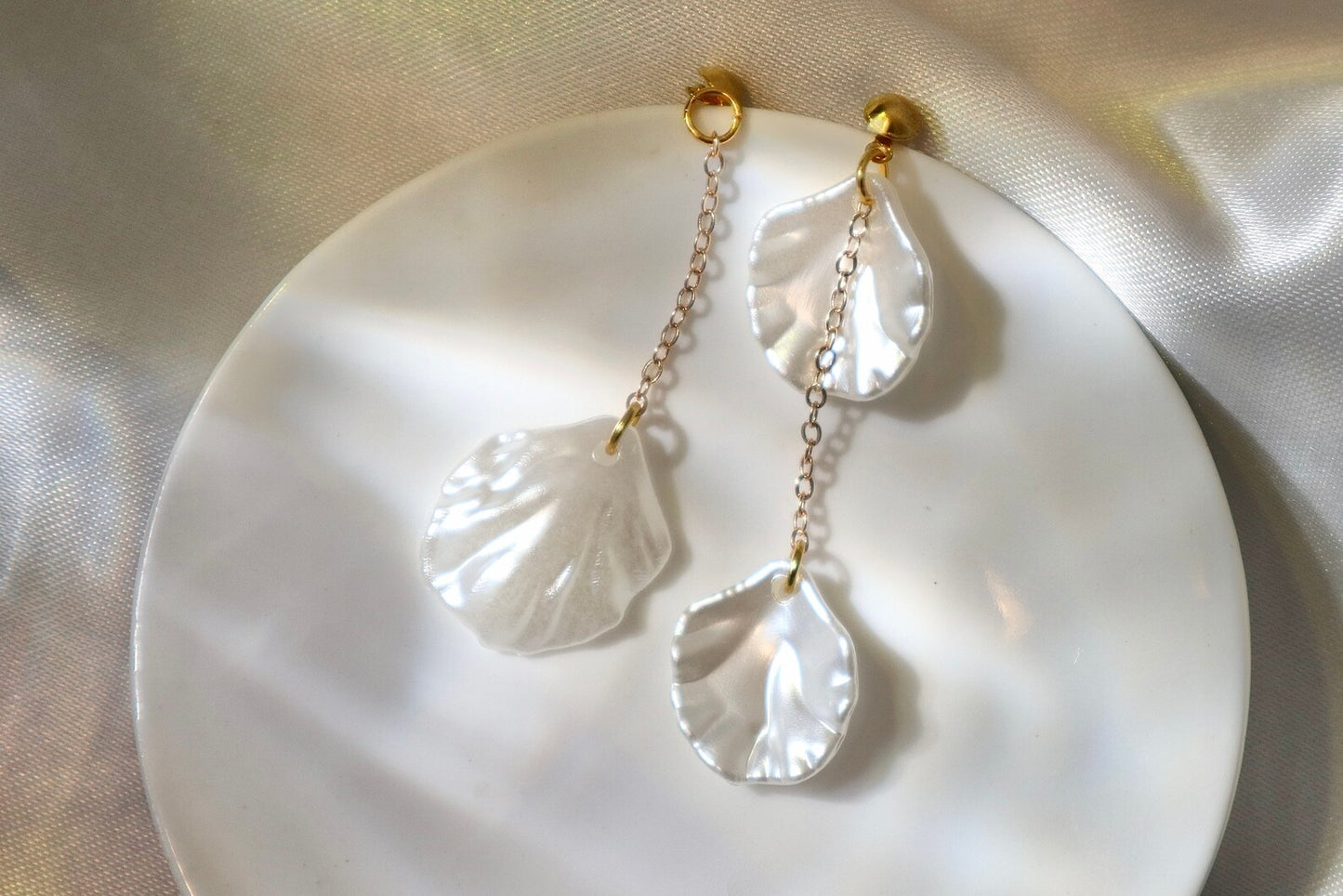 White Shell Resin Earrings - Asymmetrical 14k Gold-Filled Earrings, Handmade Beach-Inspired Jewelry, Personalized Gift for Her