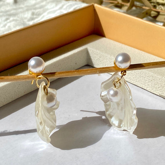 Statement Earrings| White Shell Dangle Earrings with Pearl Accents for Boho Chic Look & Everyday Style