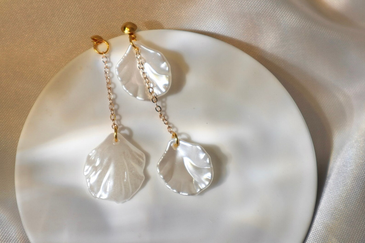 White Shell Resin Earrings - Asymmetrical 14k Gold-Filled Earrings, Handmade Beach-Inspired Jewelry, Personalized Gift for Her