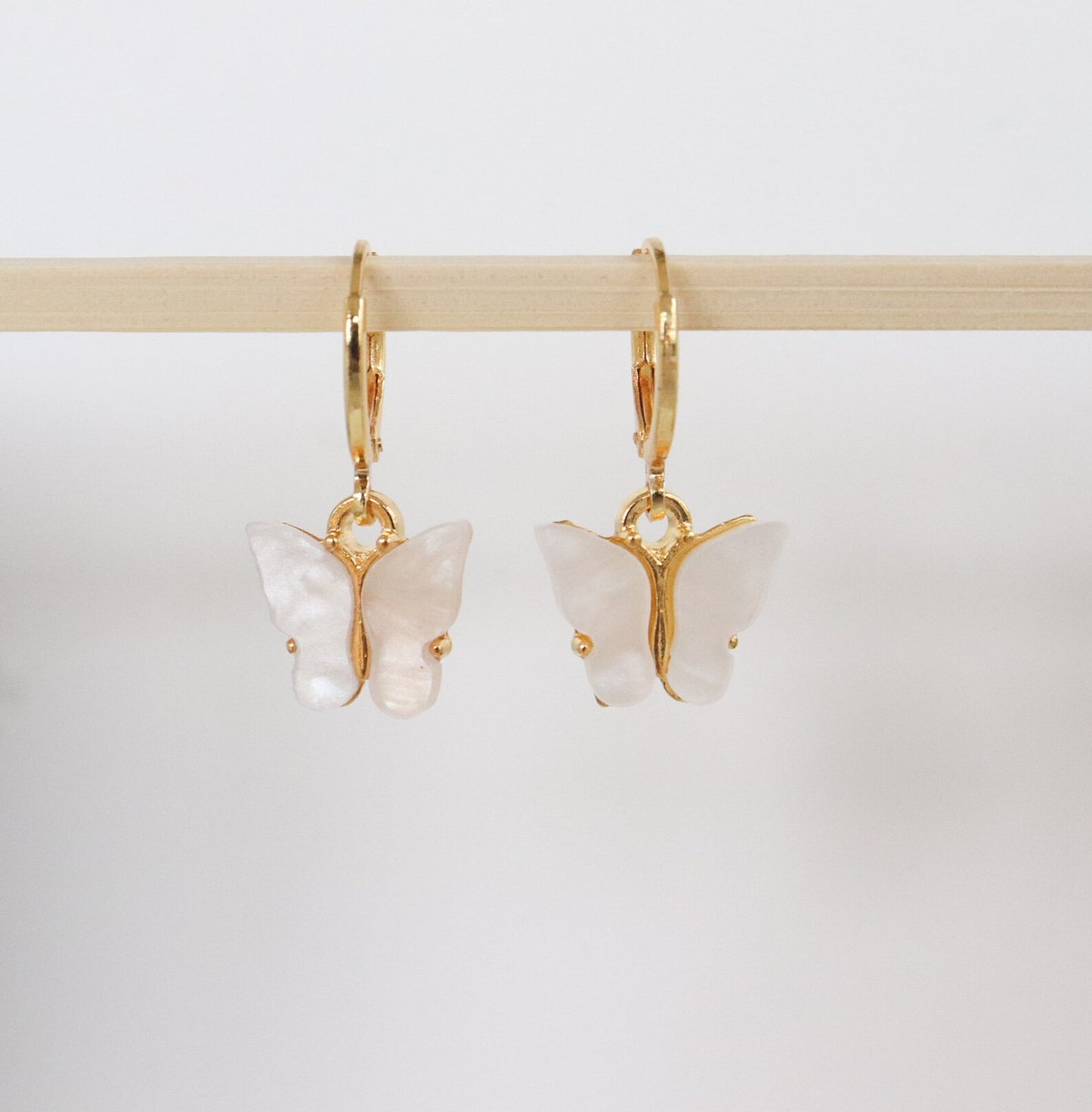 butterfly earrings, 18k gold plated butterfly earrings, white butterfly earrings, bridesmaid gift.