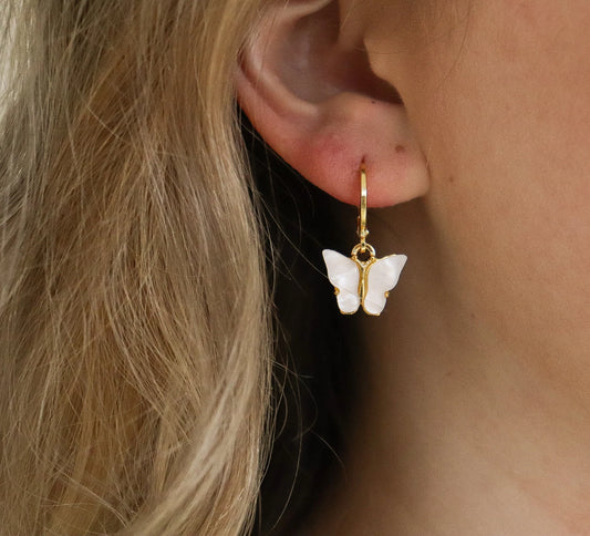 butterfly earrings, 18k gold plated butterfly earrings, white butterfly earrings, bridesmaid gift.