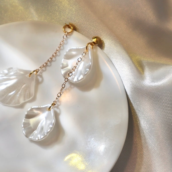 White Shell Resin Earrings - Asymmetrical 14k Gold-Filled Earrings, Handmade Beach-Inspired Jewelry, Personalized Gift for Her