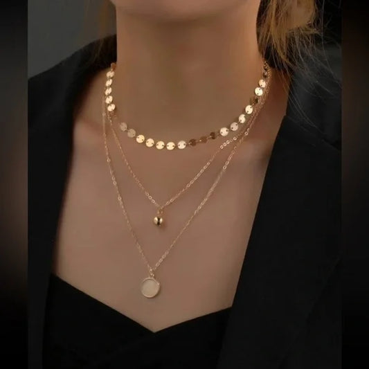 wesome Triple Layered Boho Coin Sequin Ball Necklace